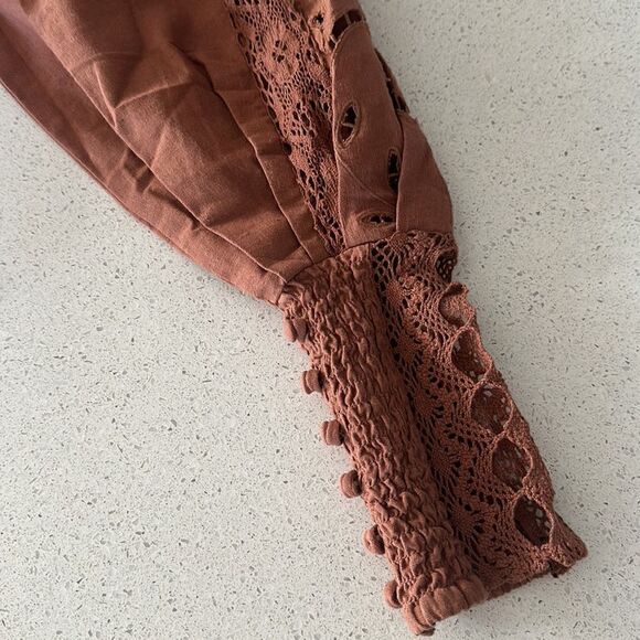 NWOT Free People Regina Bodysuit Top Thong Eyelet Balloon Sleeves Smocked Retro - Picture 8 of 15